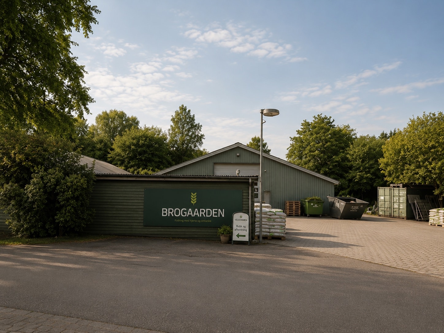 Den lave grønne bygning på udviklingsgrunden ved Frederiksborgvej 23, set fra vejen mellem høje træer