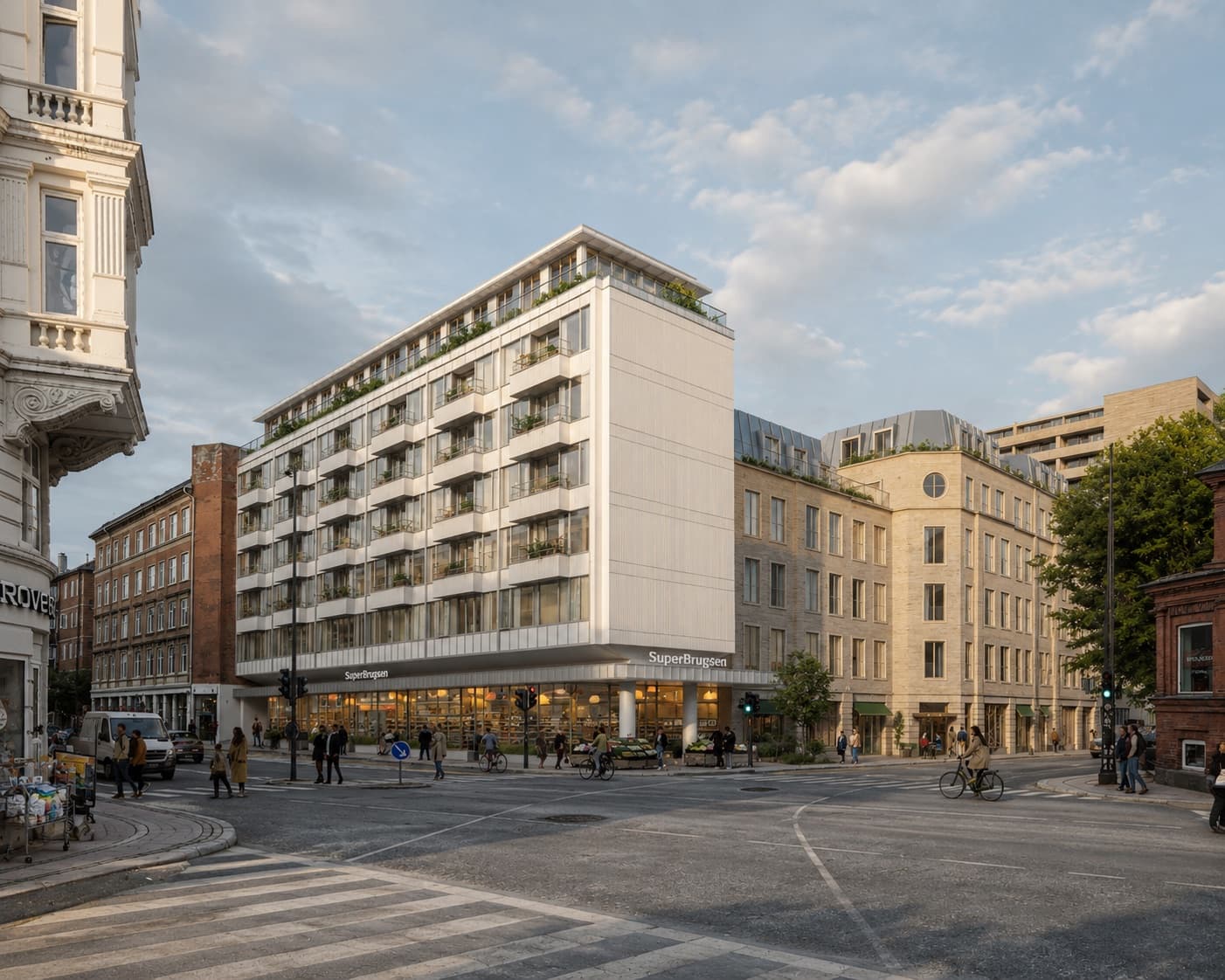 Visualisering af Platanvej set fra hjørnet med lys facade og SuperBrugsen i stueetagen i gyldent eftermiddagslys