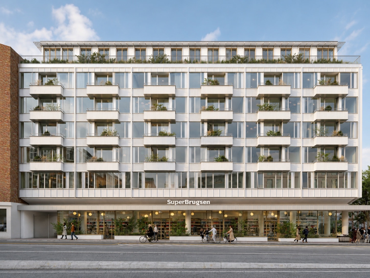 Visualisering af Platanvejs facade med SuperBrugsen i stueetagen og altaner med beplantning