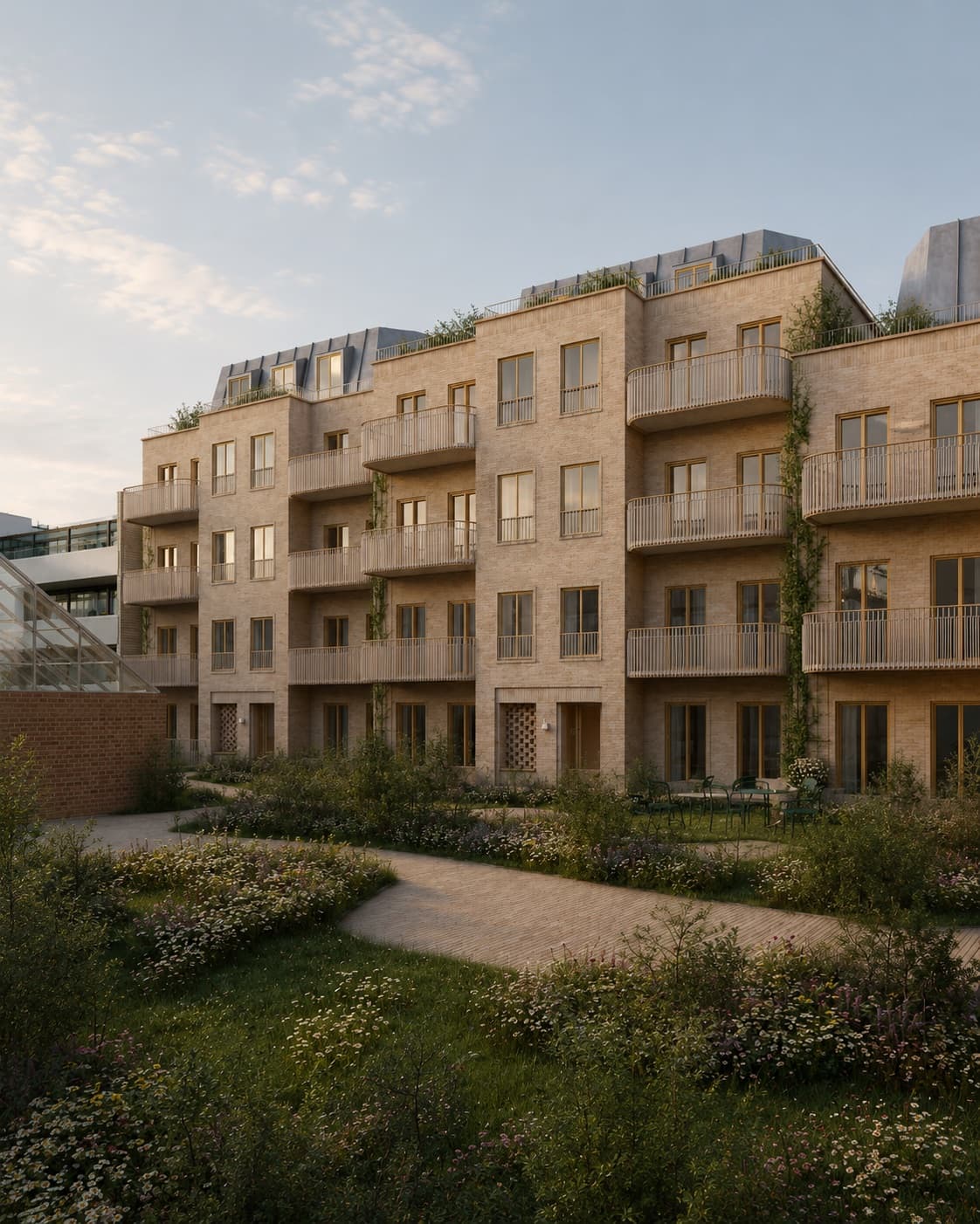 Visualisering af Platanvejs gårdrum i aftensol med slyngede stier, café og vild beplantning