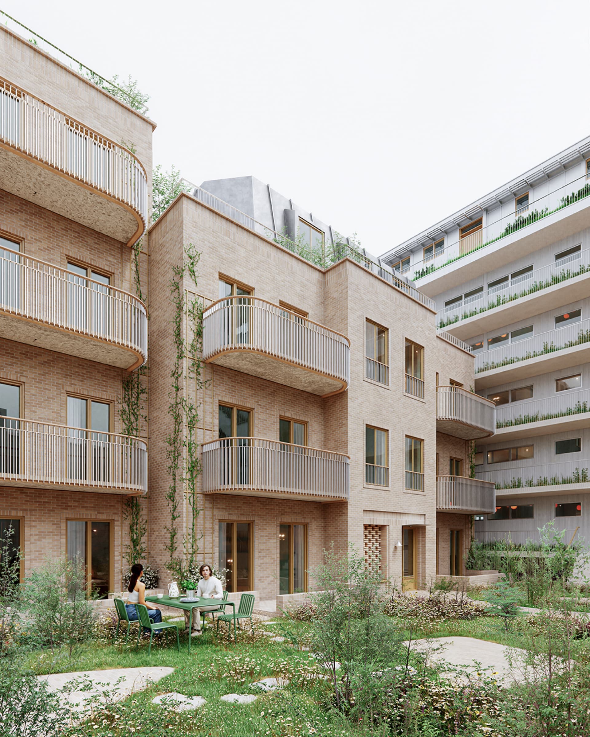 Visualisering af gårdfacaden på Platanvej med runde altaner og beplantning