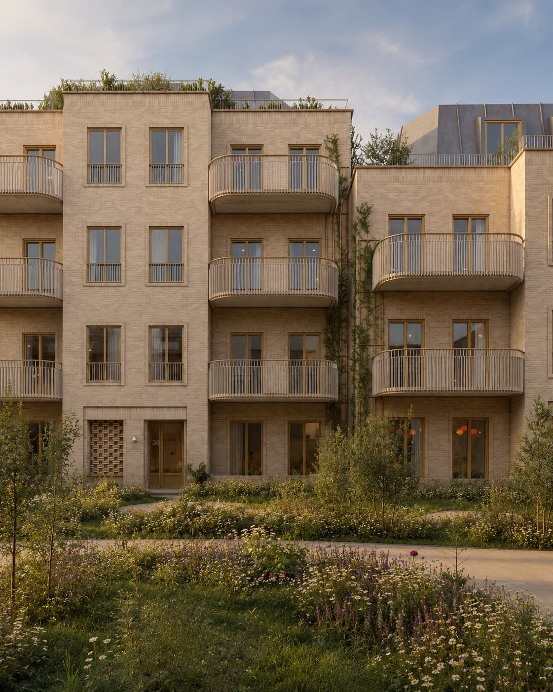 Visualisering af Platanvejs gårdfacade i gul tegl med altaner og en frodig blomstereng i aftenlys