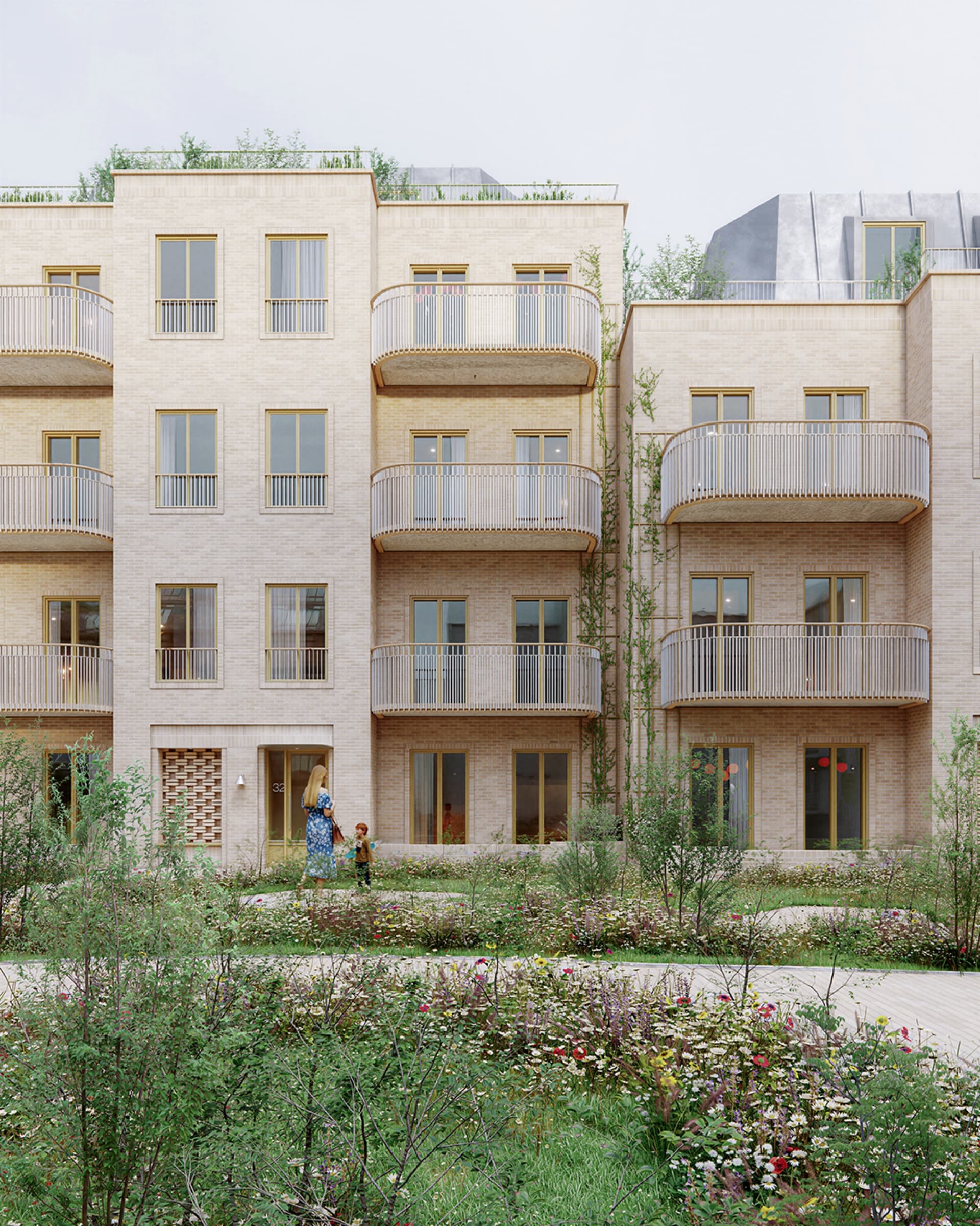Visualisering af gårdhaven på Platanvej med beplantning og teglfacader