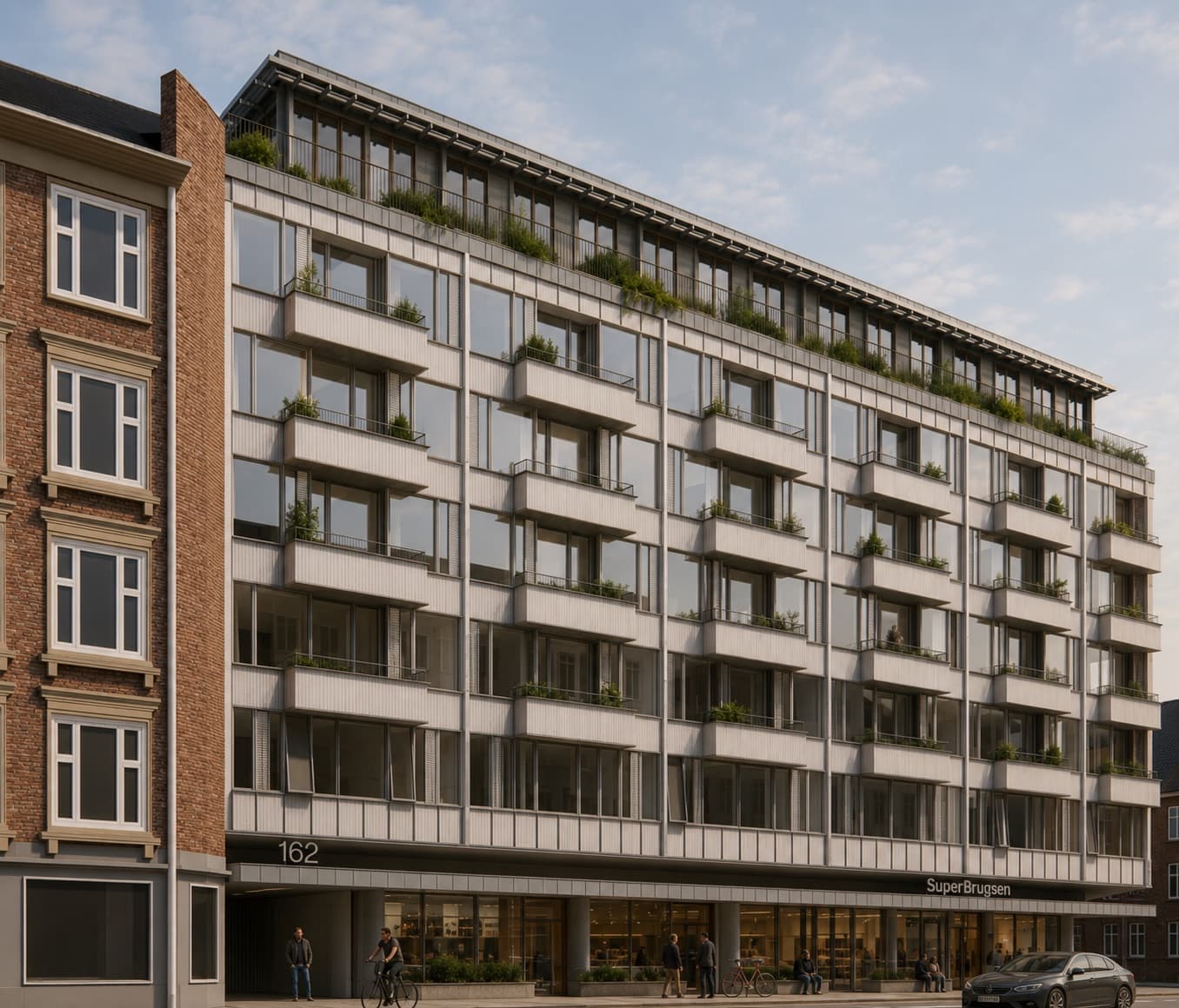 Visualisering af Platanvejs gadefacade med altaner, beplantede tagterrasser og dagligvarebutik i stueetagen mod gaden