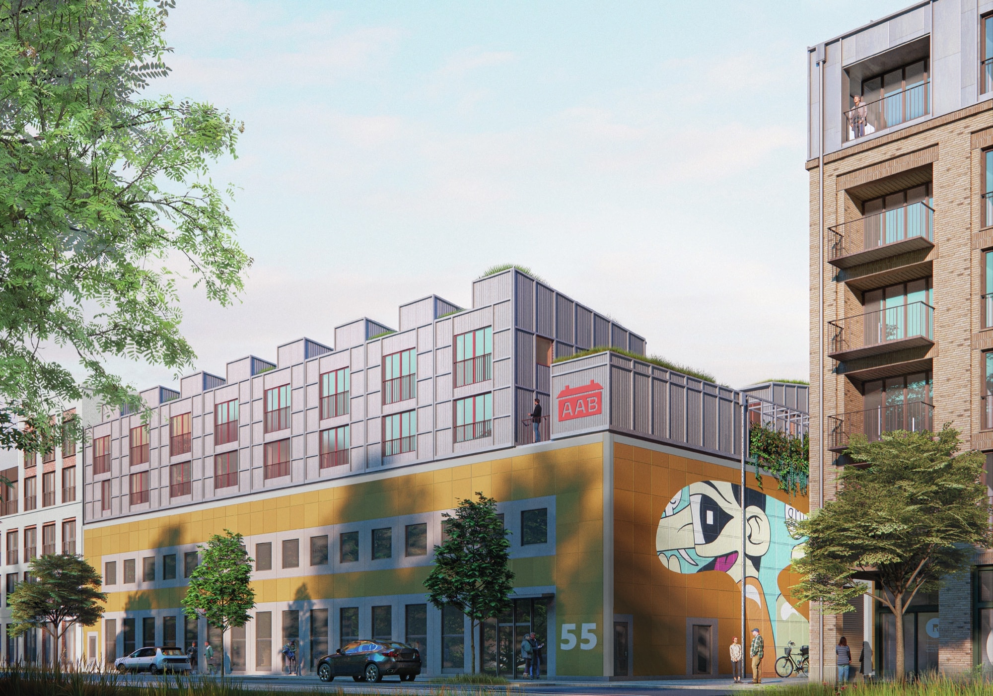 Visualisering af Prags Boulevard 55 set fra hjørnet: nye tagboliger i rå metal oven på den eksisterende bygning, med erhverv og '55' i stueetagen
