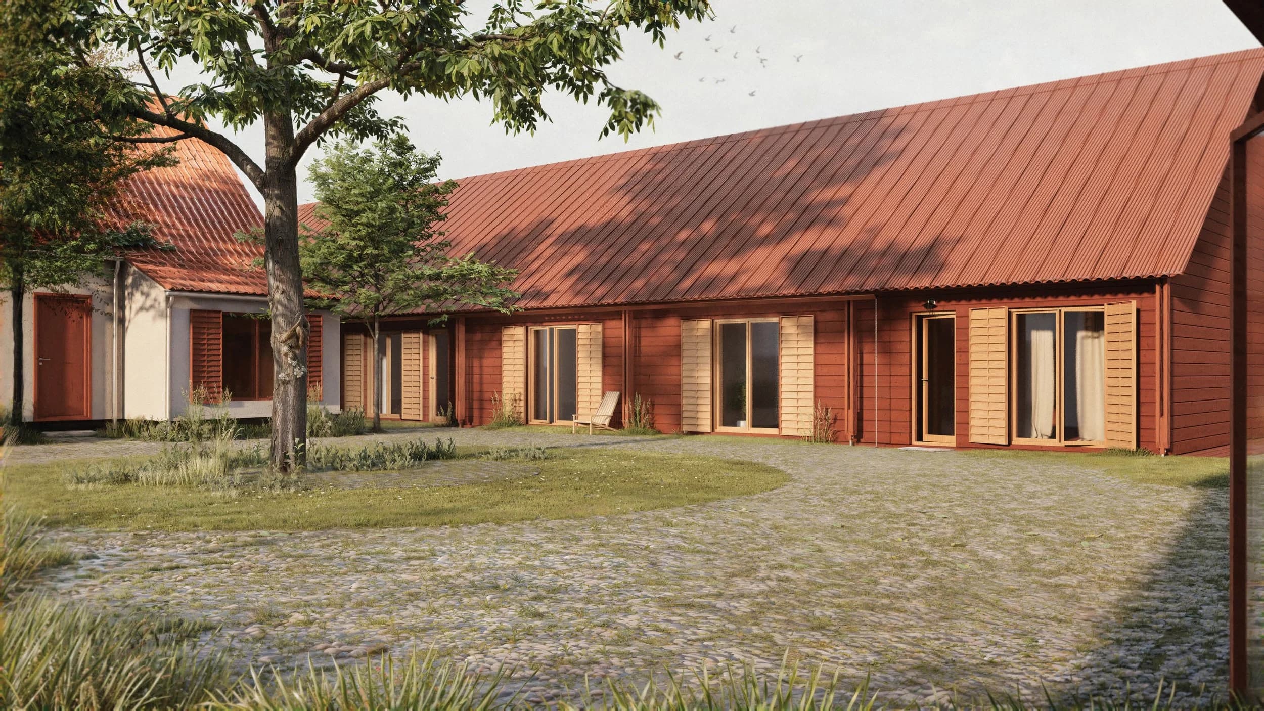 Visualisering af de nye boliger på Ullerødgaard omkring et fælles haverum med rødt tegltag