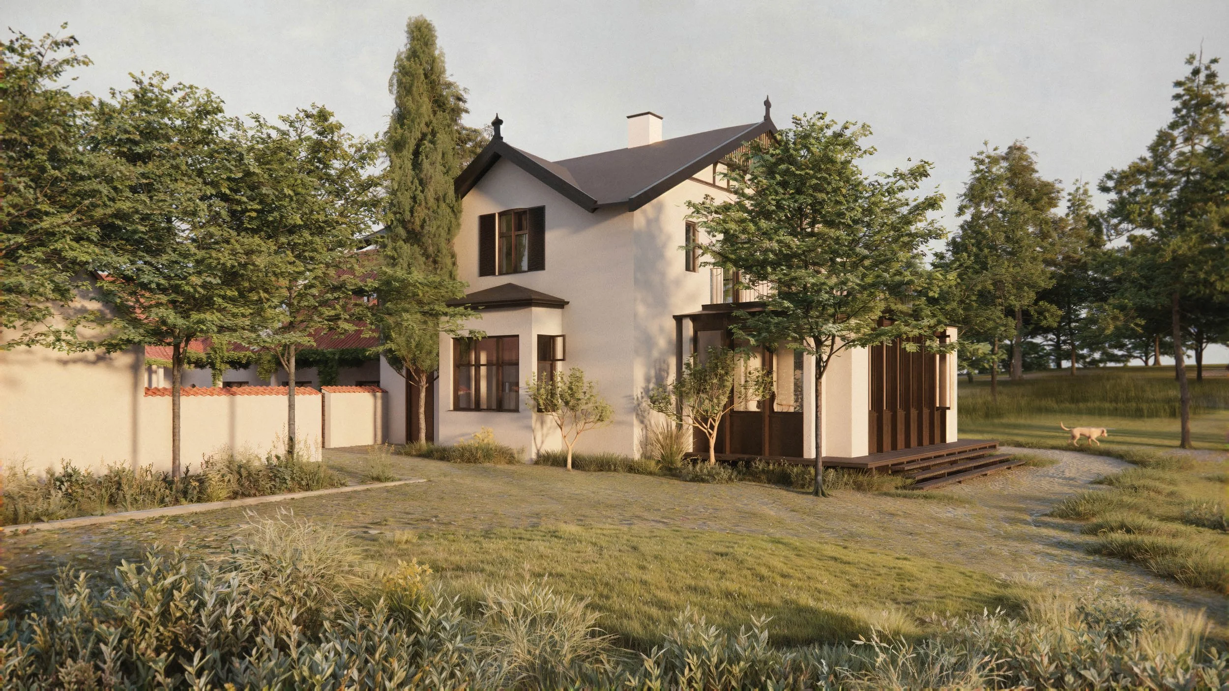 Visualisering af det istandsatte hovedhus på Ullerødgaard i landskabet med gamle træer